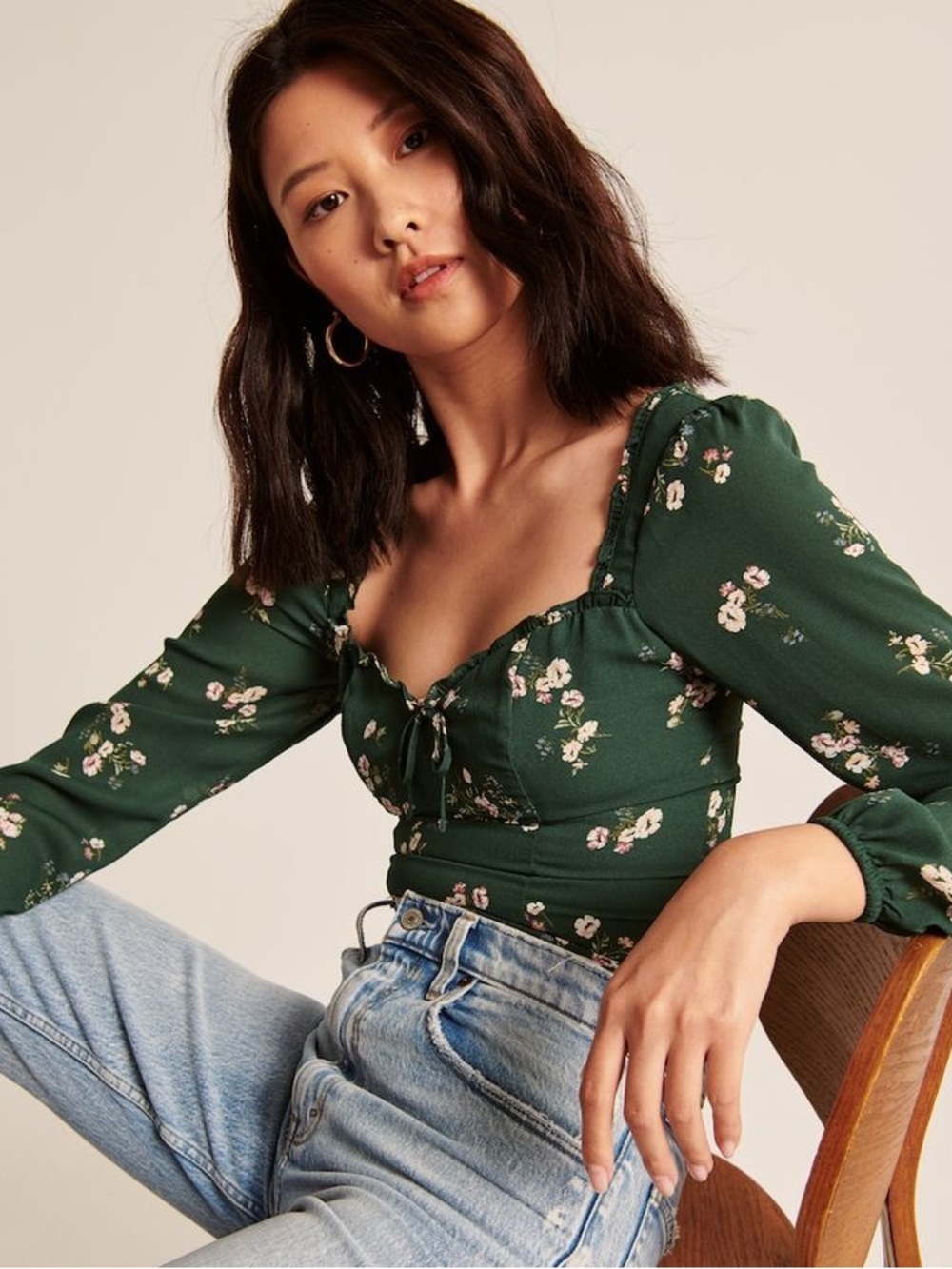 Abercrombie & Fitch Green Floral Cottage Sweetheart Long Sleeve Tie Blouse Top